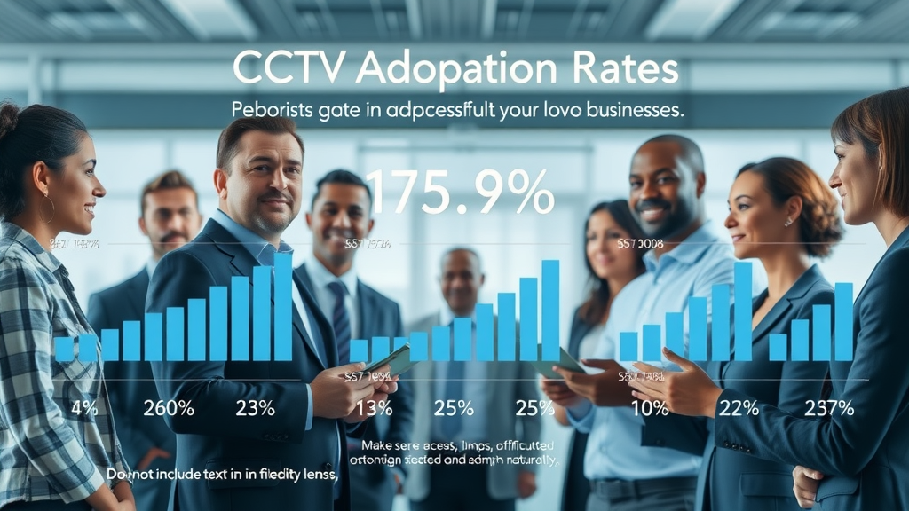 CCTV adoption rates in businesses compared with growth statistics, showing diverse business team discussing security camera systems with data charts on transparent screens. Photorealistic, modern office background.
