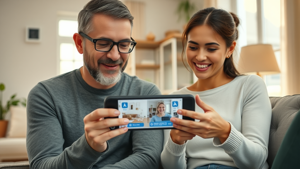 Homeowner family using smartphone app to view home security footage in a cozy living room with visible security cameras and a sense of safety.