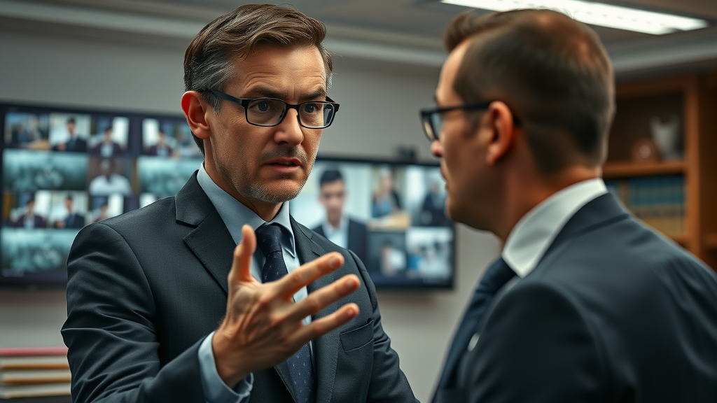 Privacy advocate and legal advisor debating CCTV surveillance in an office with security monitor feeds and law books. Serious, concerned expressions.