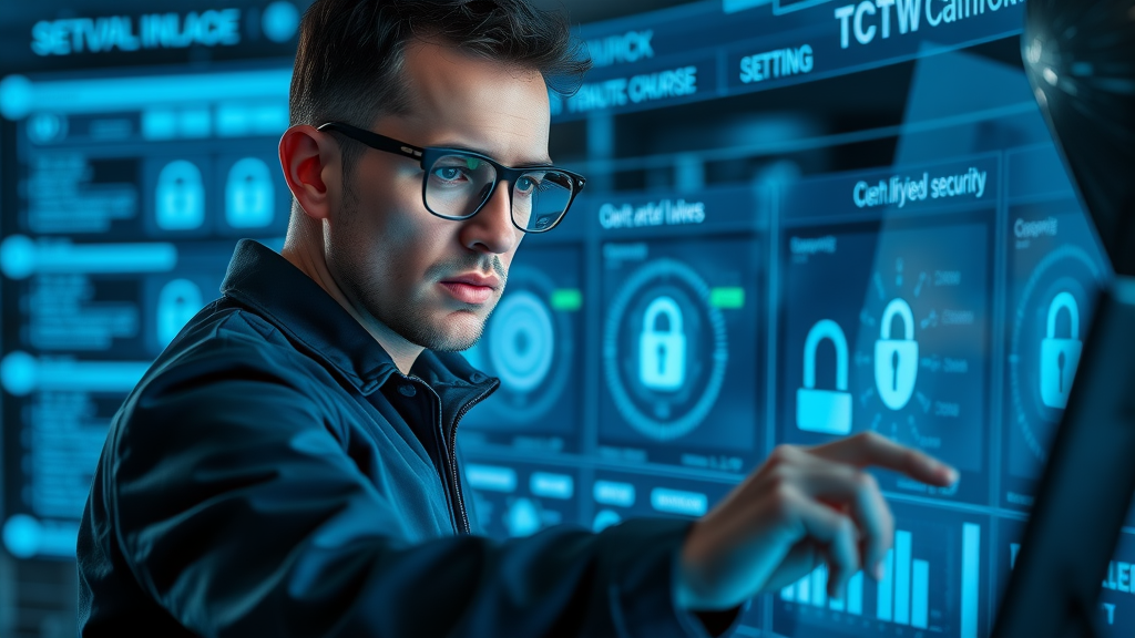 Cybersecurity expert securing remote access on a digital dashboard for CCTV system with holographic overlays in a futuristic security operations center.