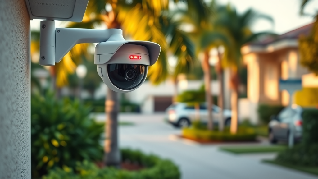 Security Camera Royal Palm Beach - Sleek outdoor camera with red status light monitoring a residential driveway among palm trees.