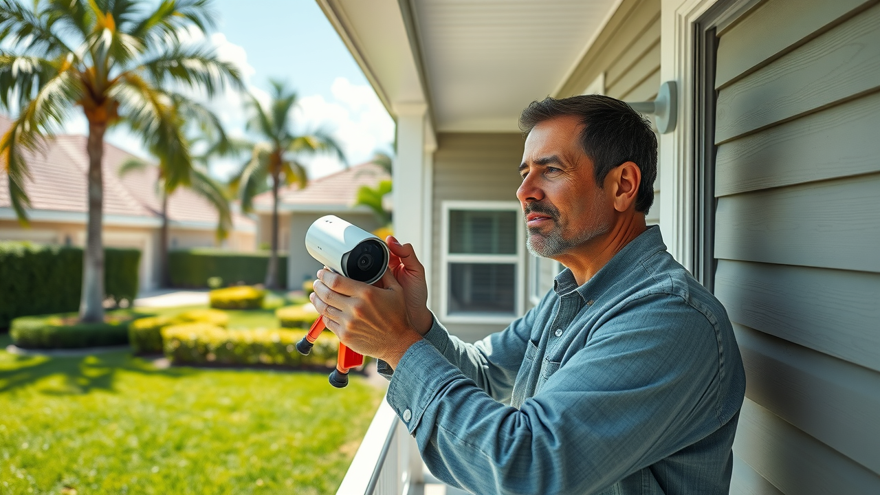Home Security Systems Royal Palm Beach FL - Suburban home exterior with visible security camera, palm trees, and a homeowner installing equipment in natural daylight.