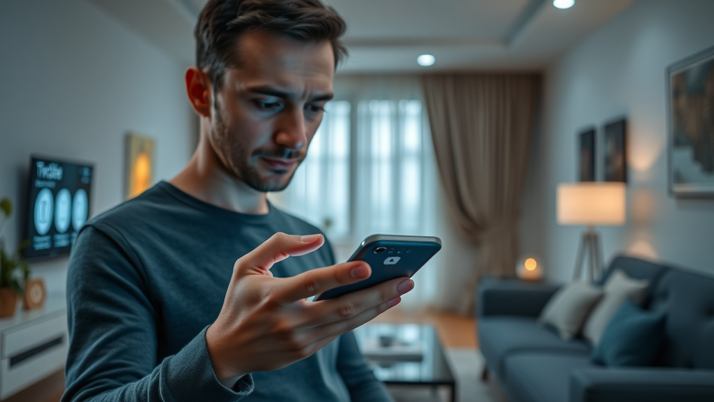 Home Security System Royal Palm Beach - Homeowner using smartphone to review security alerts with visible smart home devices in a modern living room.