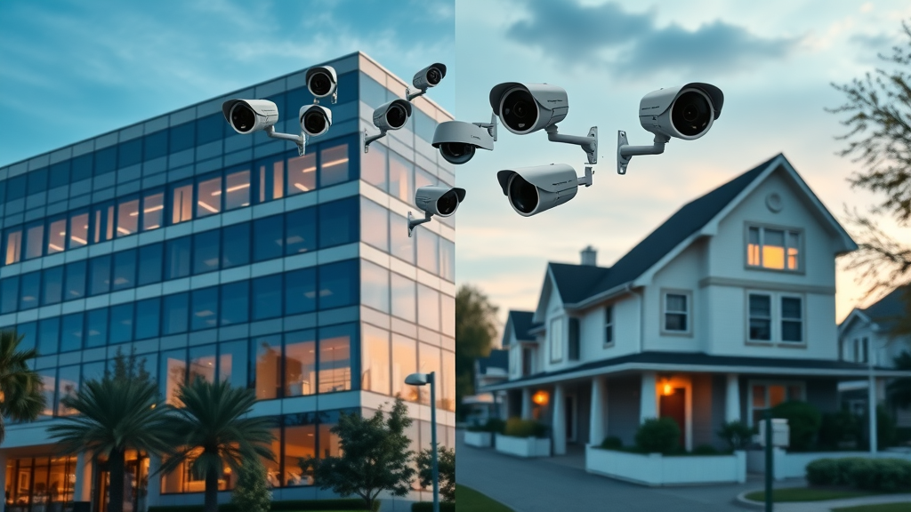 Contrasting security solutions: Commercial office building with multiple security cameras and a suburban home with discrete cameras, split background, visual comparison.