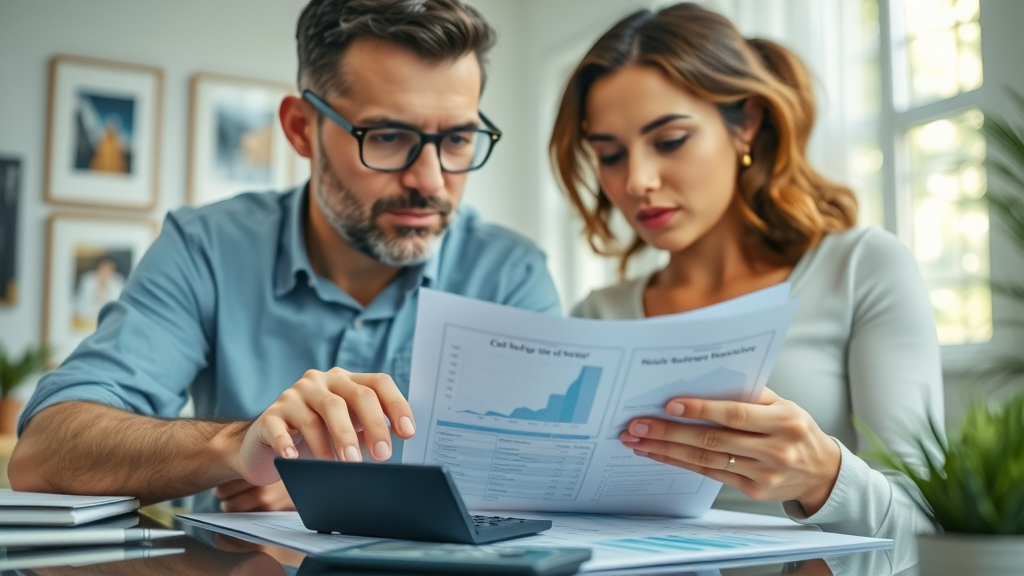 Home Security System Royal Palm Beach - Couple reviewing cost breakdown with charts and documents in a home office.