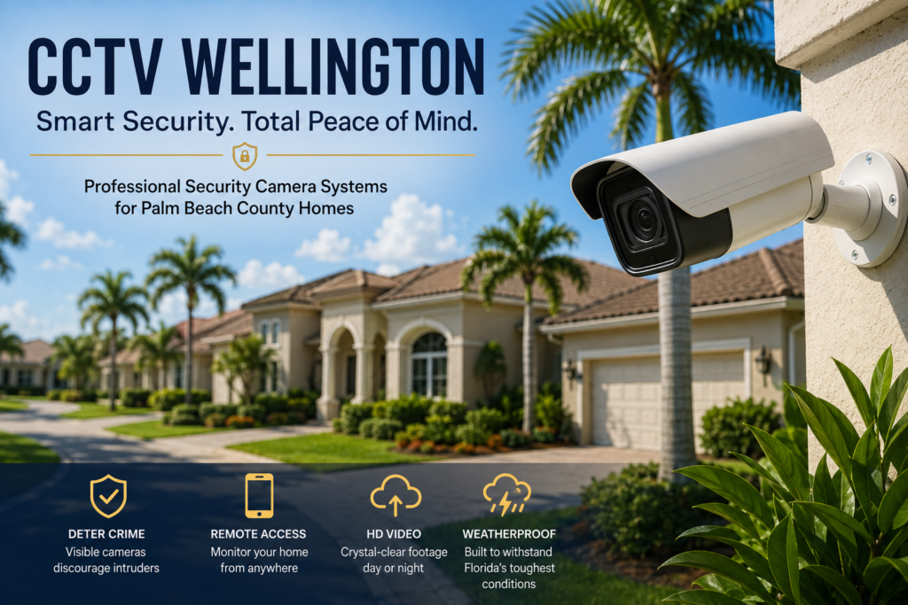 Professional CCTV security camera installed on a luxury Wellington Florida home providing 24/7 surveillance and home security in Palm Beach County