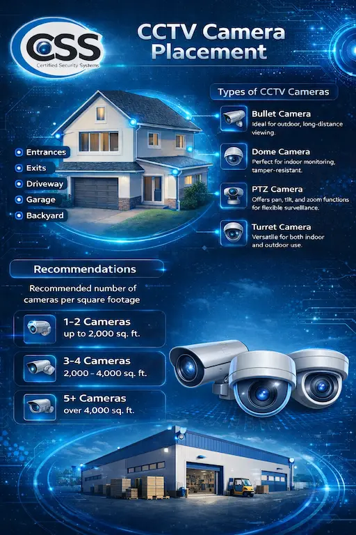 Professional CCTV camera placement guide showing recommended security camera locations around a Palm Beach County home, including entrances, driveway, garage, backyard, and common camera types installed by Certified Security Systems.