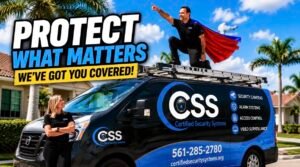 CSS Man standing on a Certified Security Systems van in Royal Palm Beach telling Wendy they have a customer to help