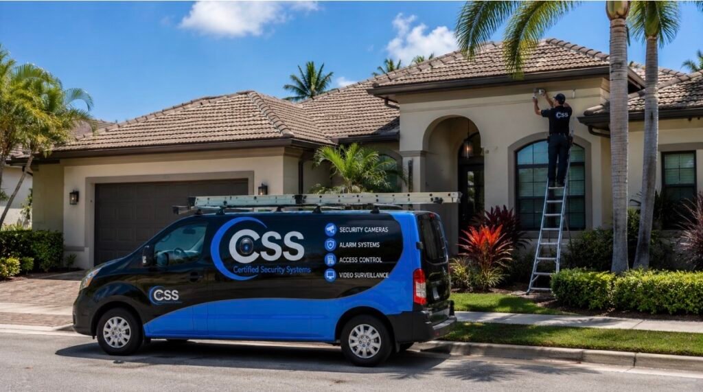 Certified Security Systems technician installing a security camera on a Palm Beach Gardens home with company service van parked in the driveway.