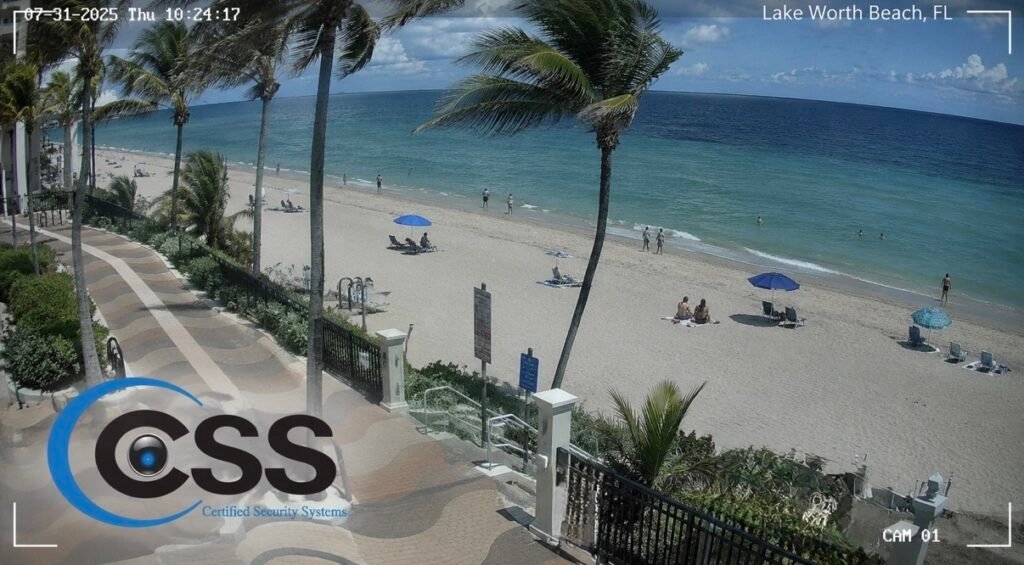 Security camera view of Lake Worth, Florida, showing professional CCTV surveillance and beach monitoring.