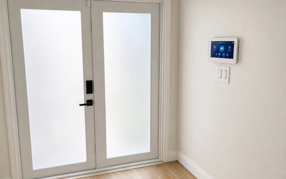 Modern Port St. Lucie home with an ADT Command smart home panel, smart door lock, and smart light switches installed by Certified Security Systems.