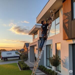 Professional technician installing a home security camera on a Palm Beach County residence