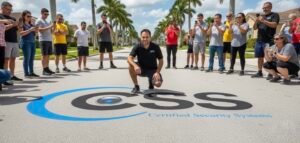 Certified Security Systems lead technician with the company street logo in Royal Palm Beach surrounded by local residents
