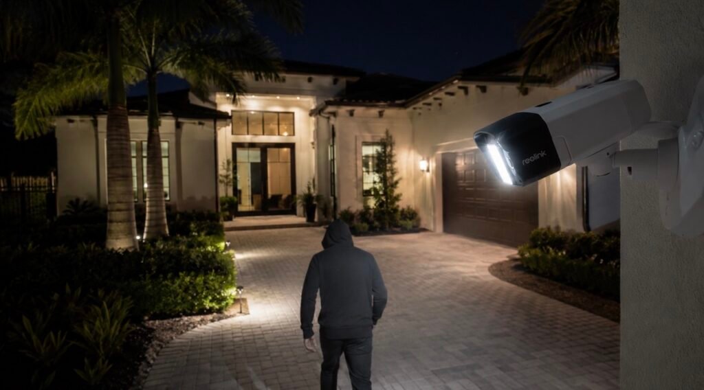 Professional CCTV security camera protecting a West Palm Beach Florida home with HD video surveillance and remote monitoring