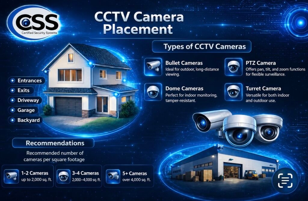 A home with security cameras protecting the front door, driveway, backyard, and side yard, illustrating how many home security cameras are needed for complete coverage.