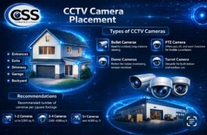 A home with security cameras protecting the front door, driveway, backyard, and side yard, illustrating how many home security cameras are needed for complete coverage.