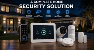 The Essential Components of a complete home security system featuring a touchscreen control panel, fingerprint smart lock, outdoor security camera, motion detector, smoke detector, door and window sensors, and a Live Light yard sign in front of a modern home.