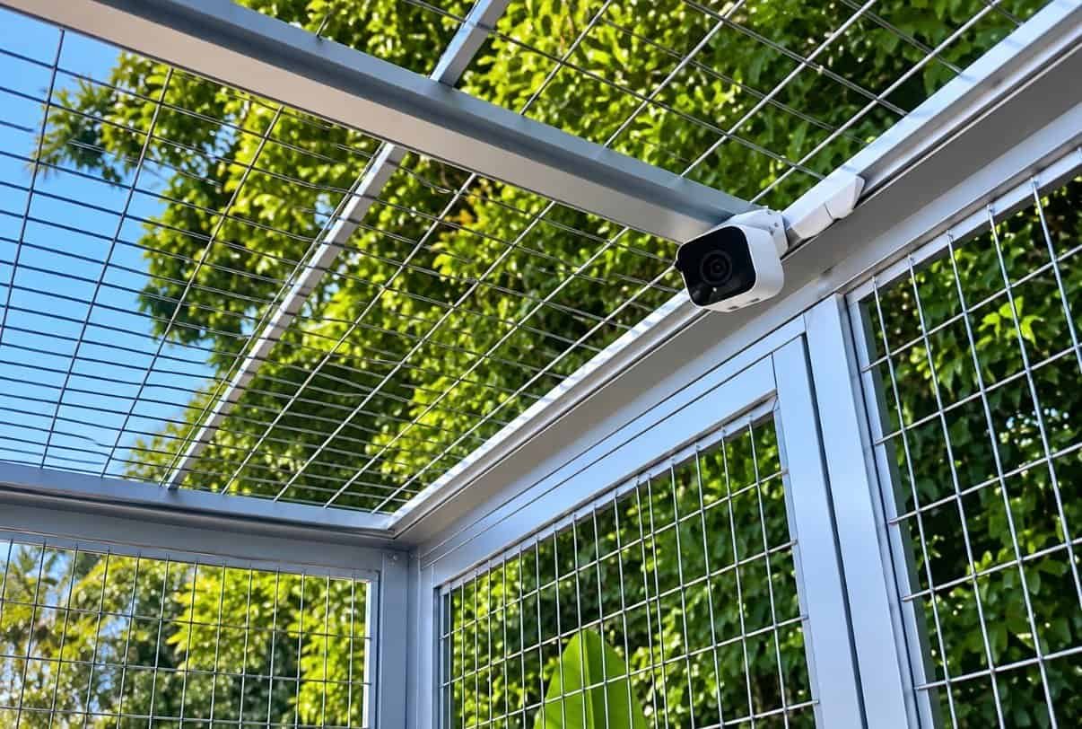 Security camera mounted on the metal frame of an animal habitat at a sanctuary near Indiantown, FL
