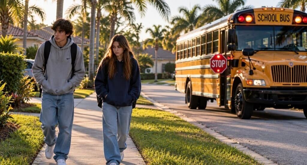 After school home security: two teens walking home from the school bus stop in Royal Palm Beach