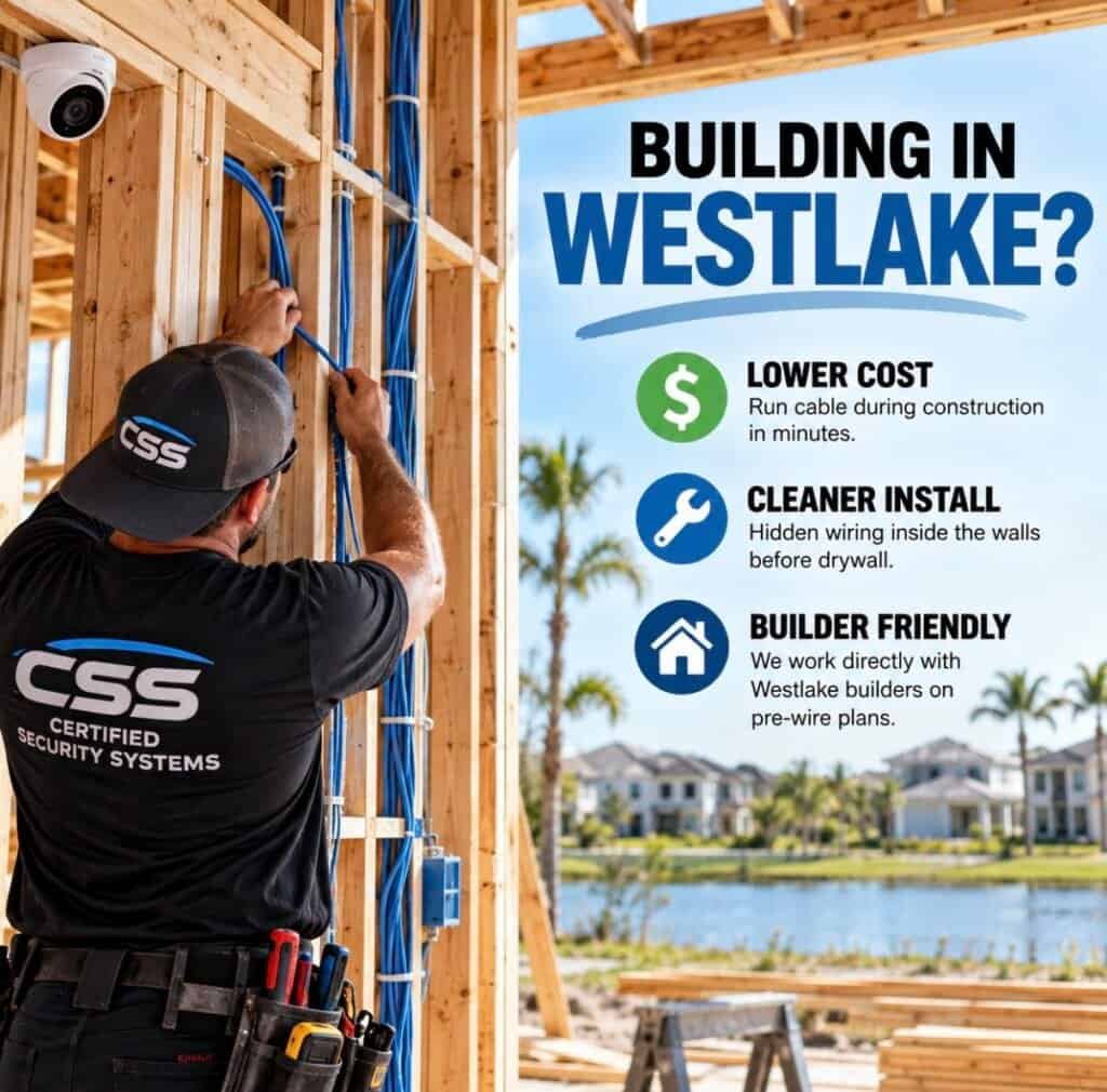 Graphic reading: Building in Westlake? Lower cost: run cable during construction in minutes. Cleaner install: hidden wiring inside the walls before drywall. Builder friendly: we work directly with Westlake builders on pre-wire plans. A CSS technician runs cable through open wall framing.